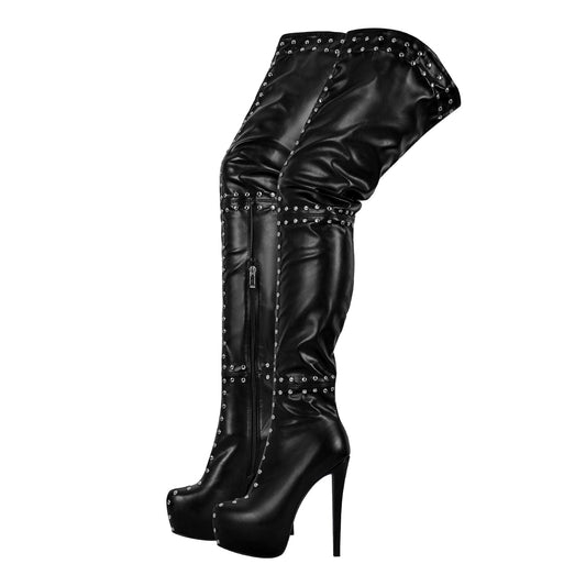 Black Platform Rivets Over The Knee Boots | Onlymaker Classic