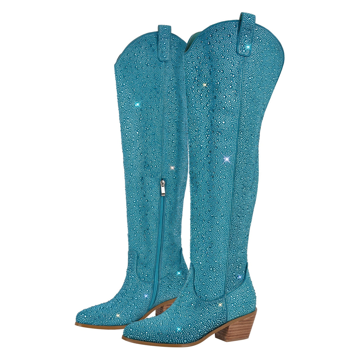 Chunky Heels Rhinestone Over The Knee Boots | Onlymaker New
