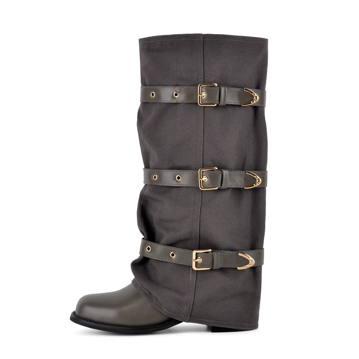 Square Toe Buckle Straps Canvas Knee High Boots | Onlymaker Featured