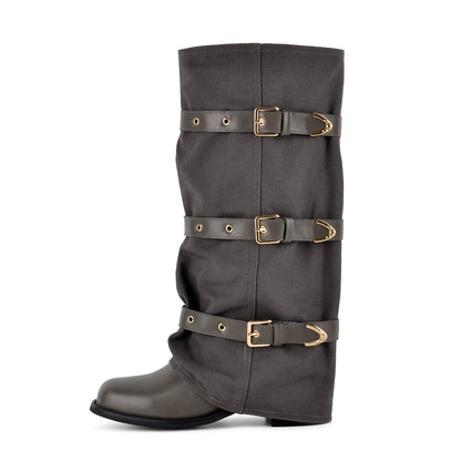 Square Toe Buckle Straps Canvas Knee High Boots | Onlymaker Featured