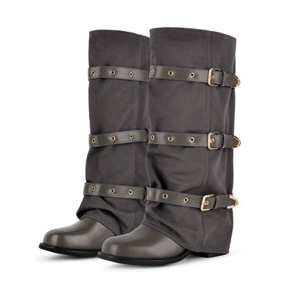 Square Toe Buckle Straps Canvas Knee High Boots | Onlymaker Featured