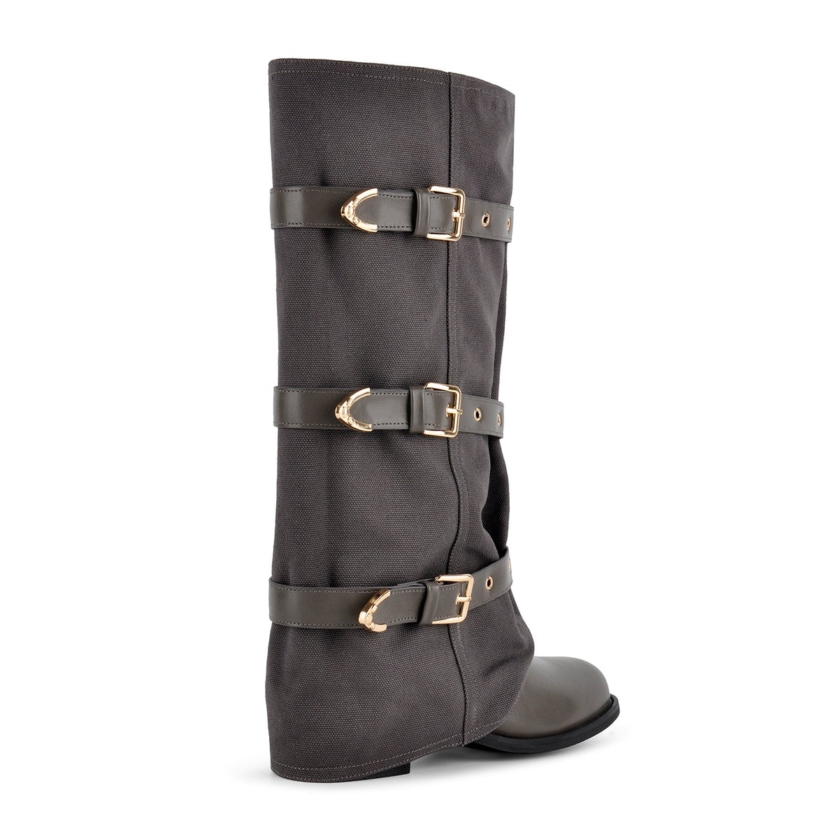 Square Toe Buckle Straps Canvas Knee High Boots | Onlymaker Featured