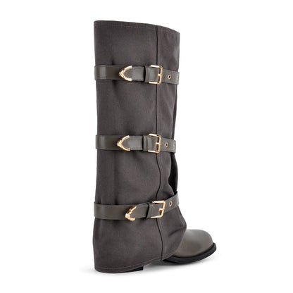 Square Toe Buckle Straps Canvas Knee High Boots | Onlymaker Featured