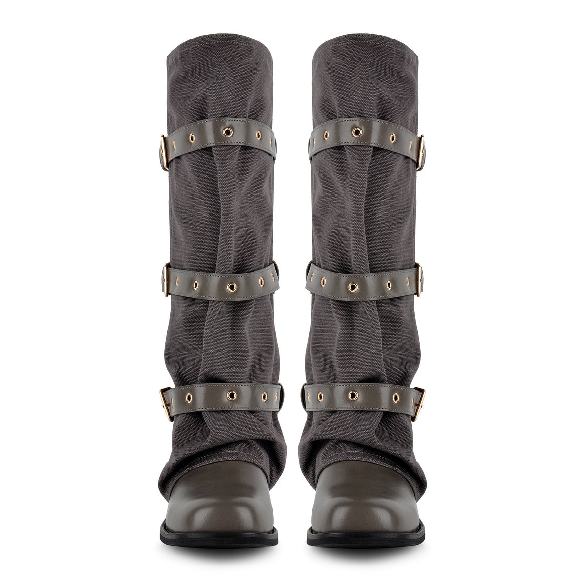 Square Toe Buckle Straps Canvas Knee High Boots | Onlymaker Featured