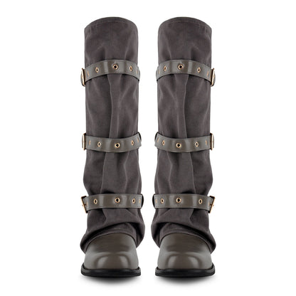 Square Toe Buckle Straps Canvas Knee High Boots | Onlymaker Featured