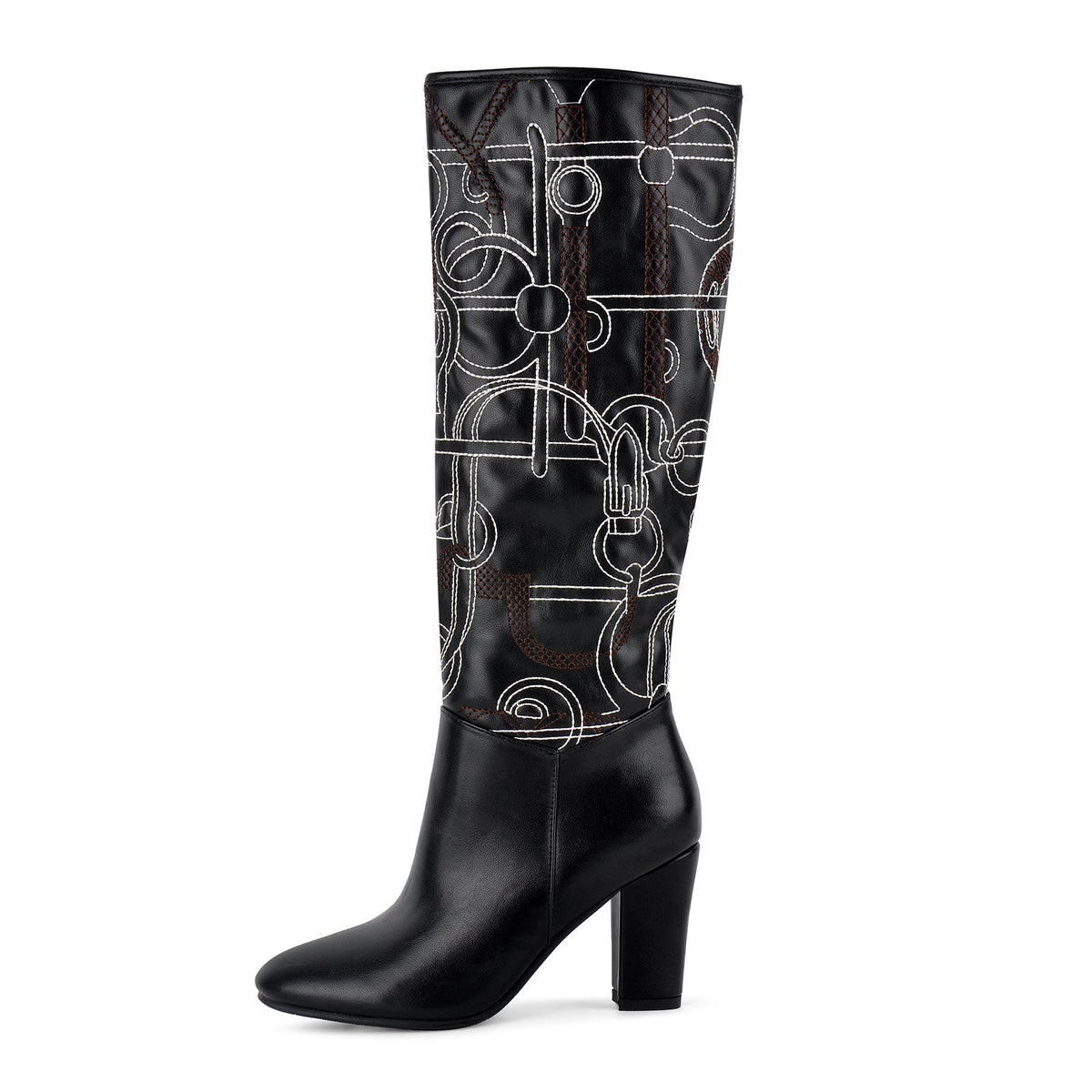 Round Toe Embroidery Chunky Heel Knee High Boots | Onlymaker Recommended