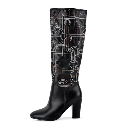 Round Toe Embroidery Chunky Heel Knee High Boots | Onlymaker Recommended