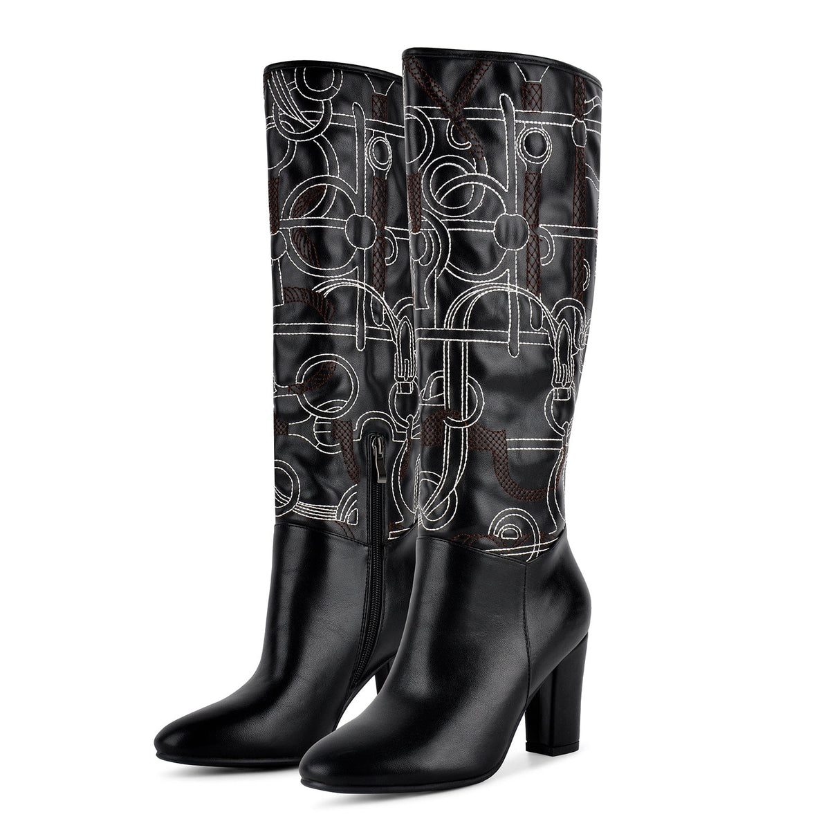 Round Toe Embroidery Chunky Heel Knee High Boots | Onlymaker Recommended