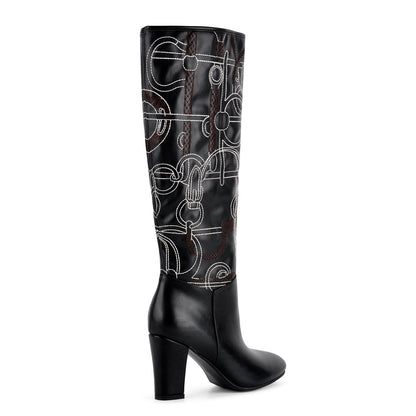 Round Toe Embroidery Chunky Heel Knee High Boots | Onlymaker Recommended