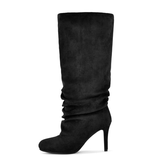 Suede Round Toe Ruched Stiletto Knee High Boots | Onlymaker Recommended