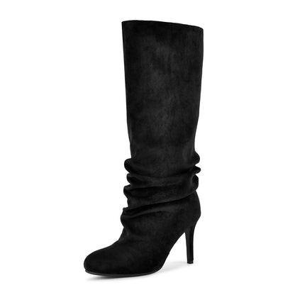 Suede Round Toe Ruched Stiletto Knee High Boots | Onlymaker Recommended