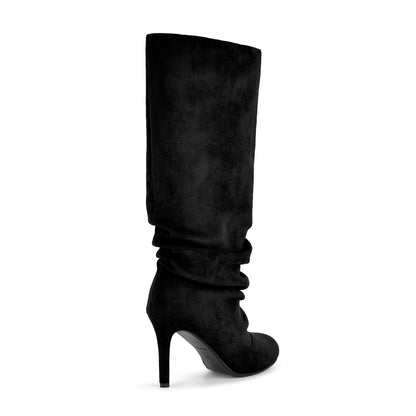 Suede Round Toe Ruched Stiletto Knee High Boots | Onlymaker Recommended