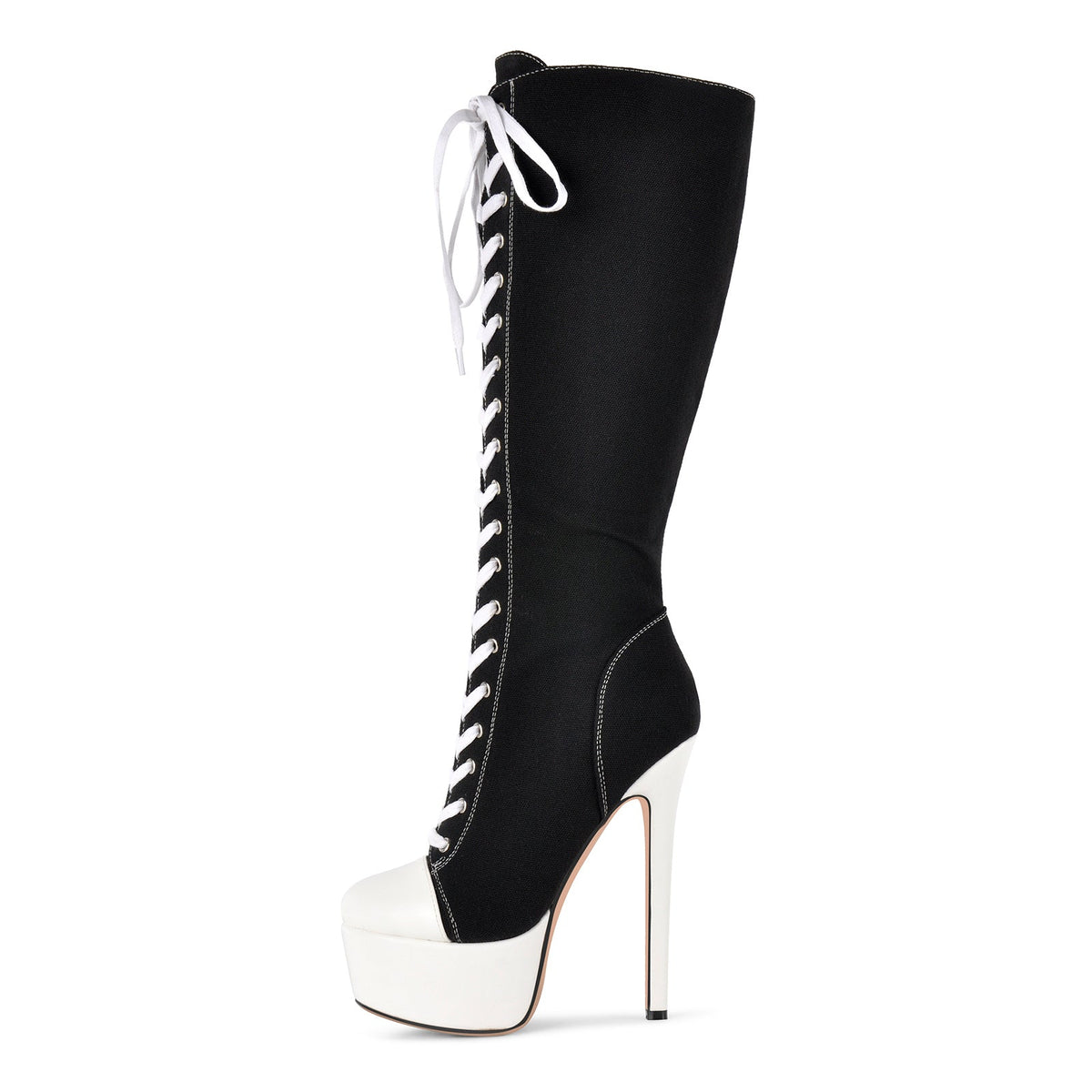 Round Toe Platform Canvas Lace-up Knee High Boots | Onlymaker Special Offer