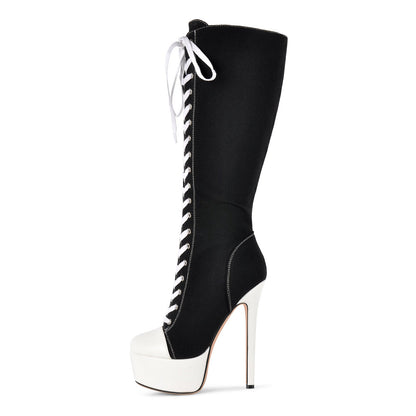 Round Toe Platform Canvas Lace-up Knee High Boots | Onlymaker Special Offer