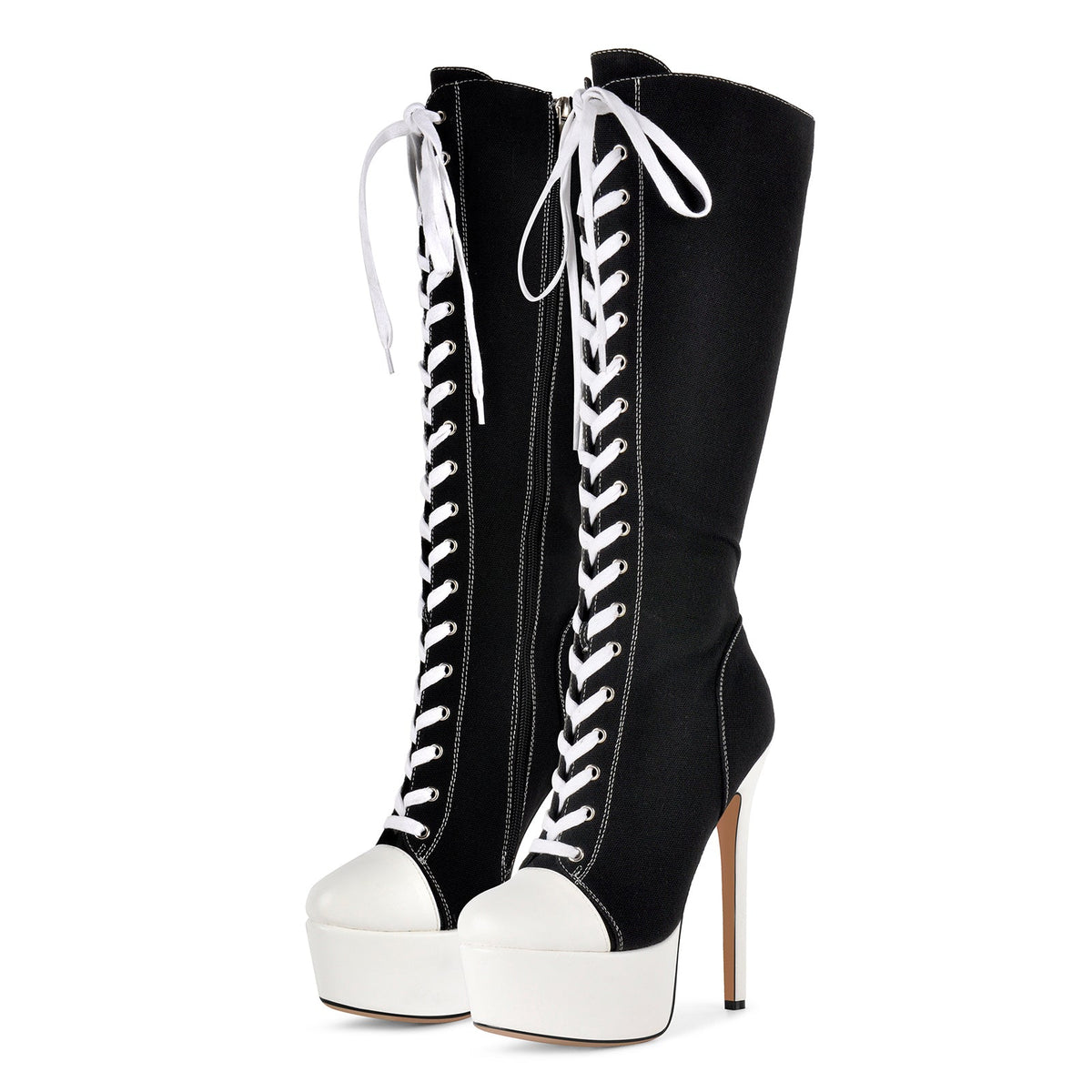 Round Toe Platform Canvas Lace-up Knee High Boots | Onlymaker Special Offer