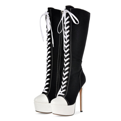 Round Toe Platform Canvas Lace-up Knee High Boots | Onlymaker Special Offer