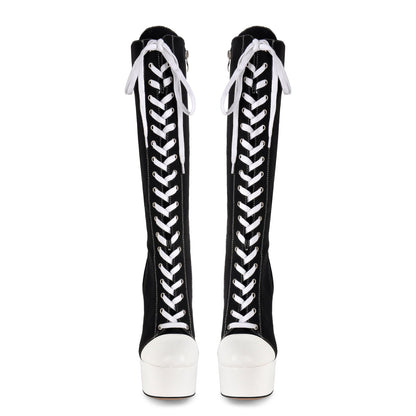 Round Toe Platform Canvas Lace-up Knee High Boots | Onlymaker Special Offer
