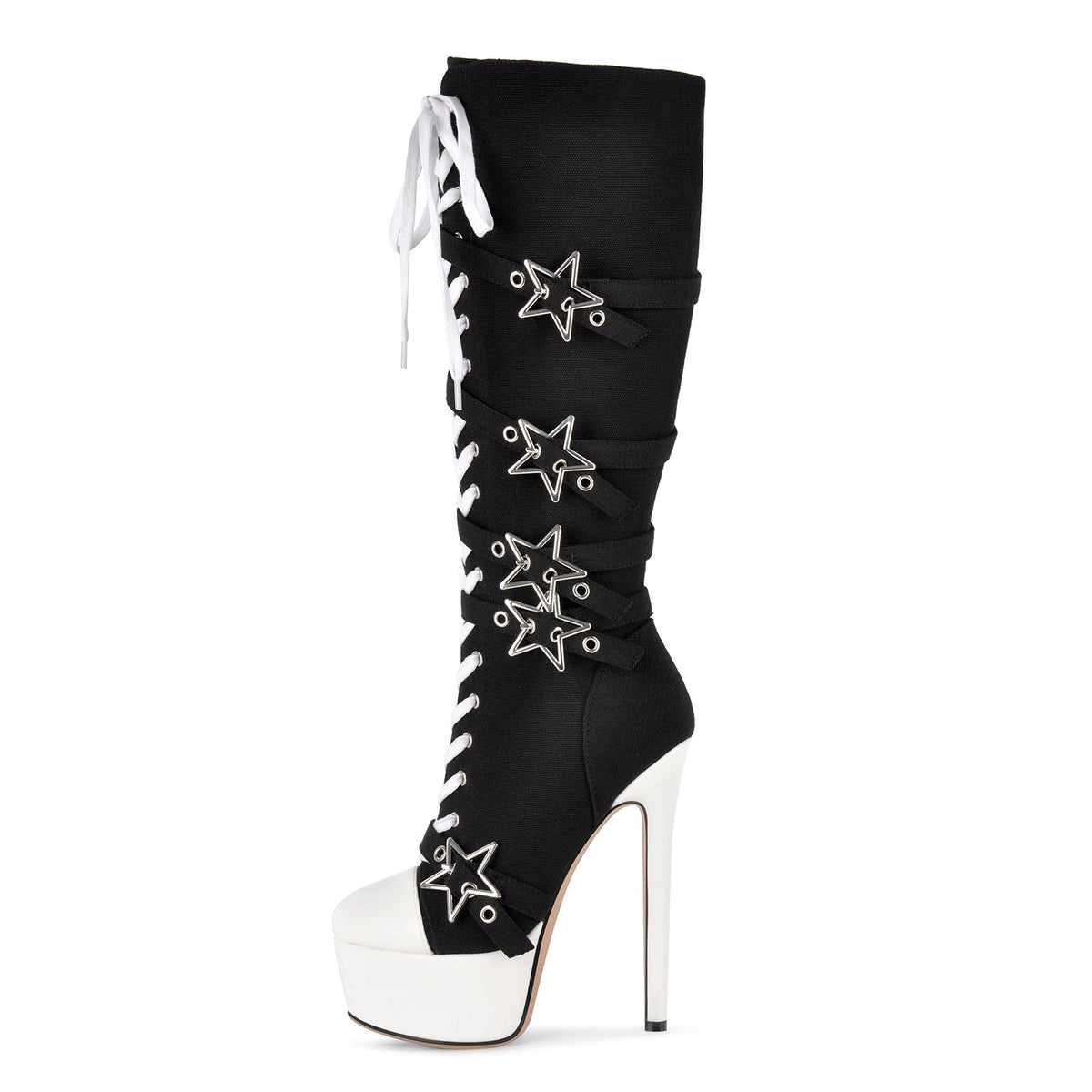Platform Star Buckle Canvas Lace-up Knee High Boots | Onlymaker Signature