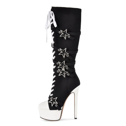 Platform Star Buckle Canvas Lace-up Knee High Boots | Onlymaker Signature