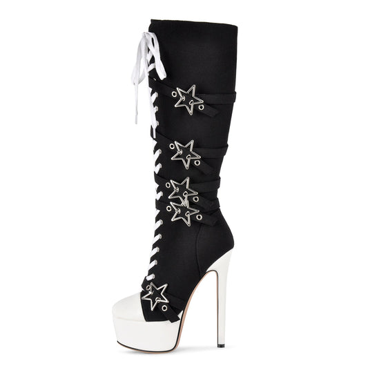 Platform Star Buckle Canvas Lace-up Knee High Boots | Onlymaker Signature