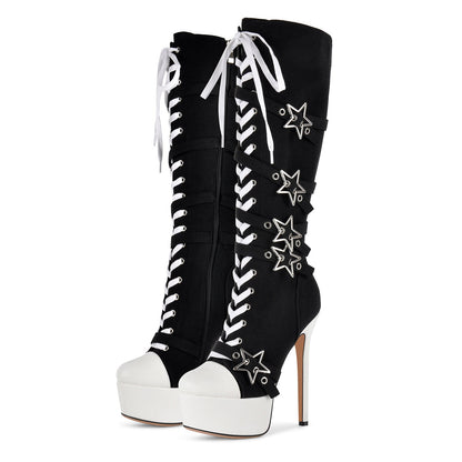 Platform Star Buckle Canvas Lace-up Knee High Boots | Onlymaker Signature
