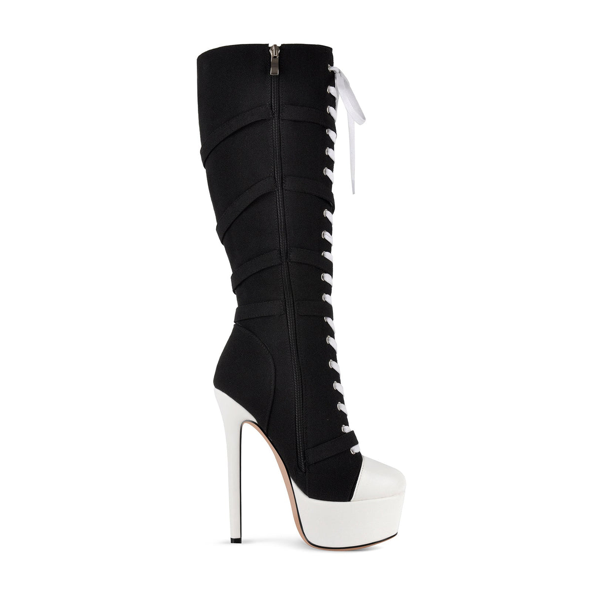 Platform Star Buckle Canvas Lace-up Knee High Boots | Onlymaker Signature