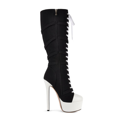 Platform Star Buckle Canvas Lace-up Knee High Boots | Onlymaker Signature