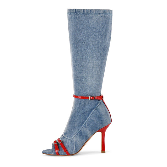 Denim Open Toe Buckle Stiletto Knee High Boots | Onlymaker Sale