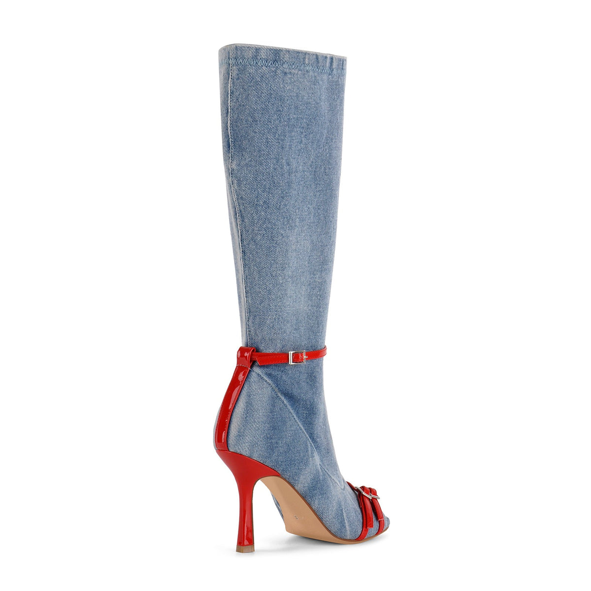 Denim Open Toe Buckle Stiletto Knee High Boots | Onlymaker Sale