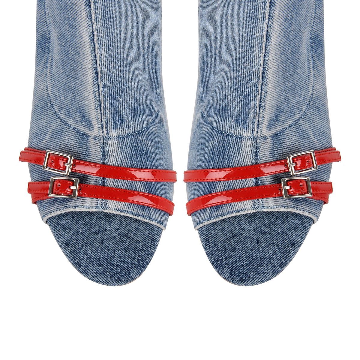 Denim Open Toe Buckle Stiletto Knee High Boots | Onlymaker Sale