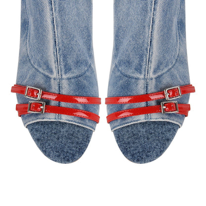 Denim Open Toe Buckle Stiletto Knee High Boots | Onlymaker Sale