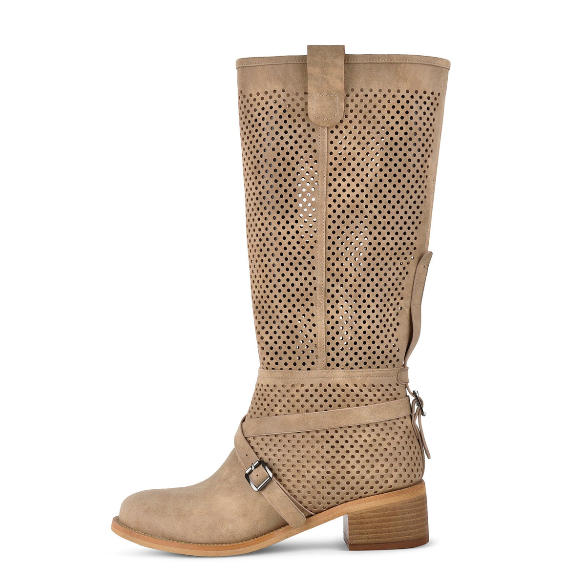 Perforated Buckle Strap Knee High Western Boots | Onlymaker Top Pick