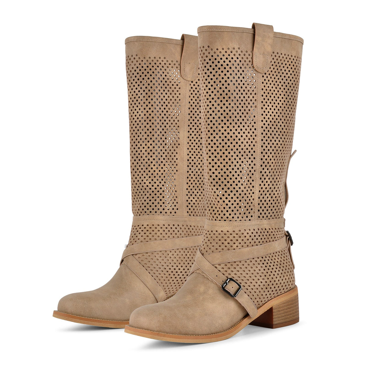 Perforated Buckle Strap Knee High Western Boots | Onlymaker Top Pick