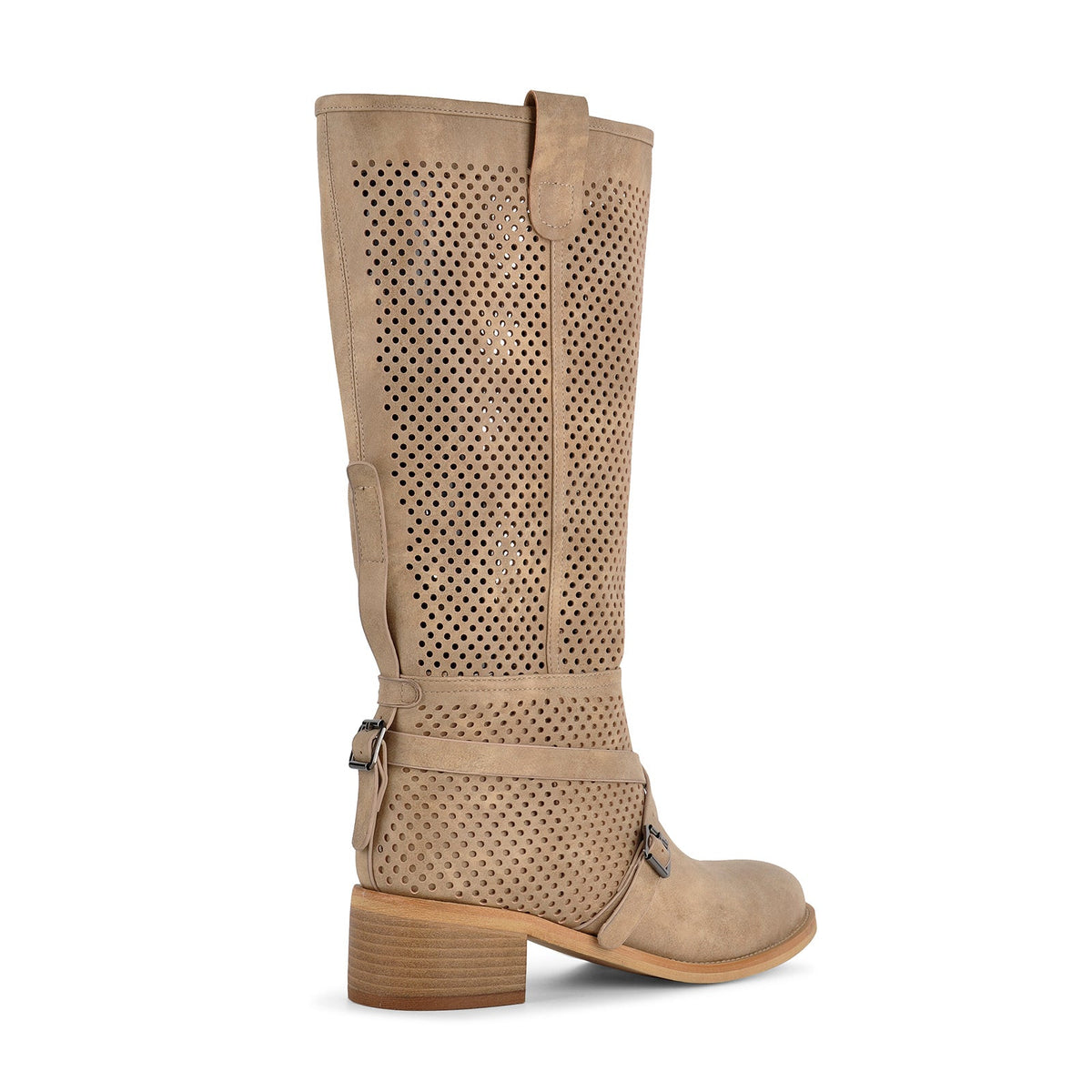 Perforated Buckle Strap Knee High Western Boots | Onlymaker Top Pick