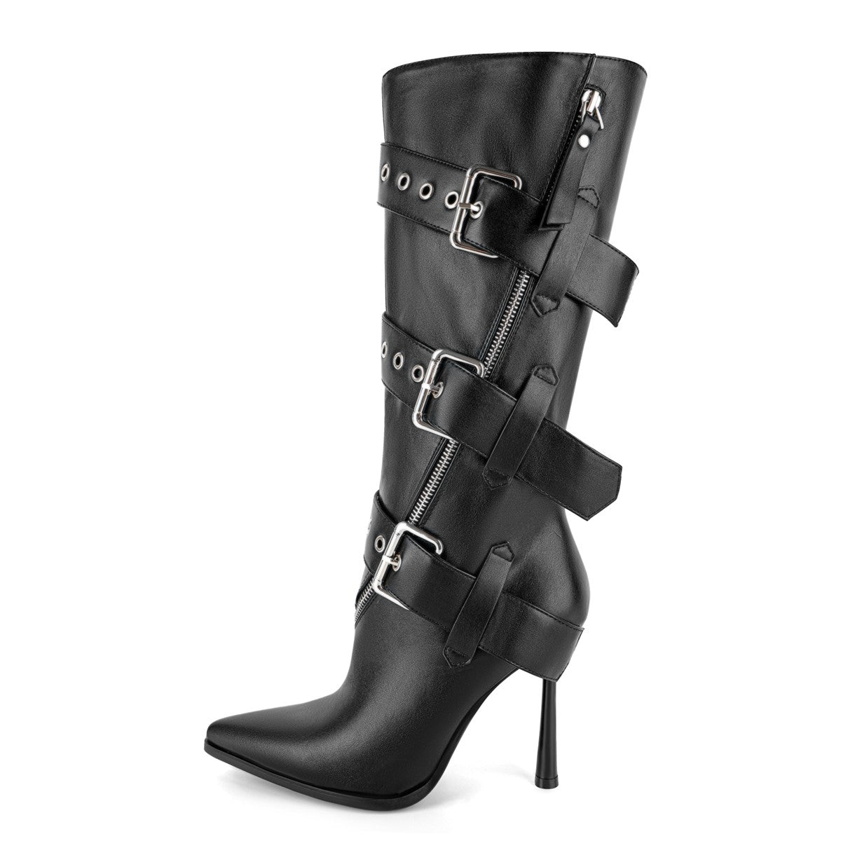 Pointed Toe Buckle Strap Zipper Knee High Boots | Onlymaker Smart Buy