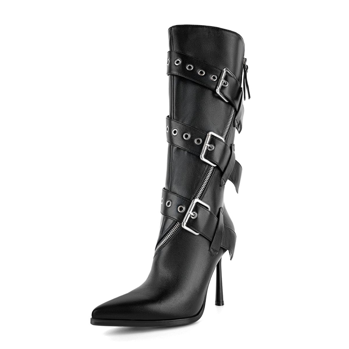 Pointed Toe Buckle Strap Zipper Knee High Boots | Onlymaker Smart Buy