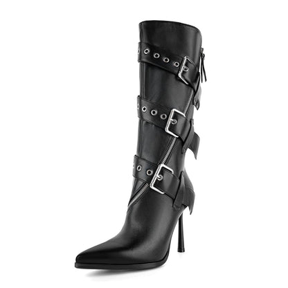 Pointed Toe Buckle Strap Zipper Knee High Boots | Onlymaker Smart Buy
