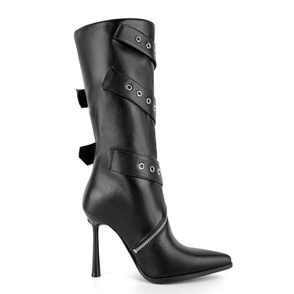 Pointed Toe Buckle Strap Zipper Knee High Boots | Onlymaker Smart Buy