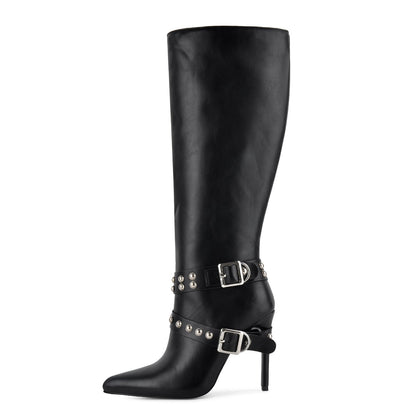Pointed Toe Studded Buckle Strap Knee High Boots | Onlymaker Popular