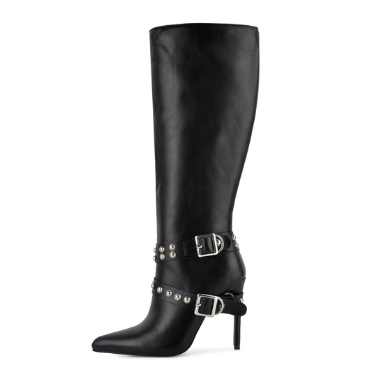 Pointed Toe Studded Buckle Strap Knee High Boots | Onlymaker Popular