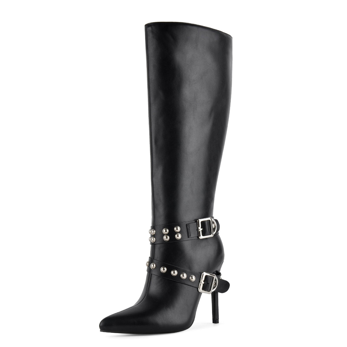 Pointed Toe Studded Buckle Strap Knee High Boots | Onlymaker Popular