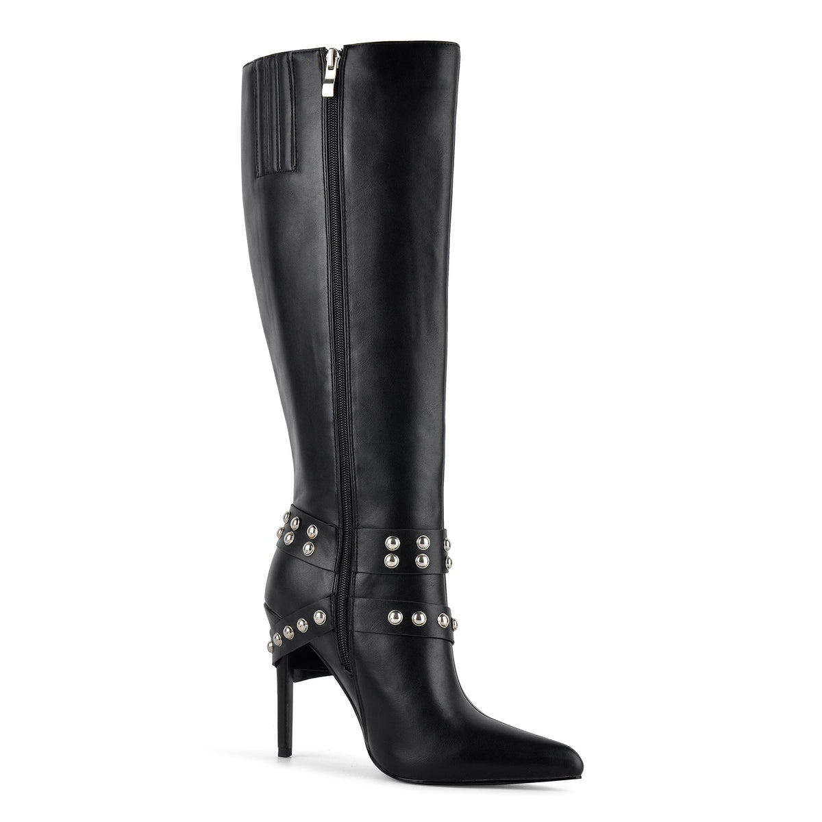 Pointed Toe Studded Buckle Strap Knee High Boots | Onlymaker Popular