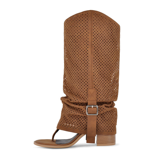 Perforated Flip-Flop Buckle Knee High Boots | Onlymaker Sale