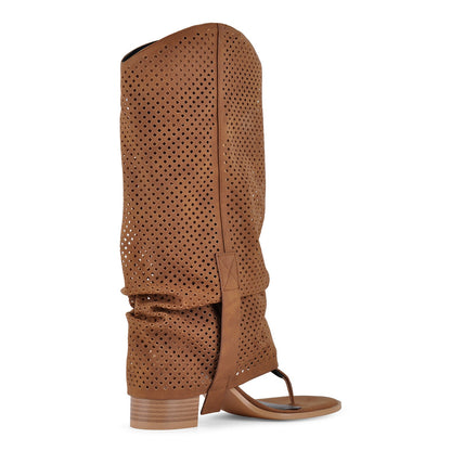 Perforated Flip-Flop Buckle Knee High Boots | Onlymaker Sale