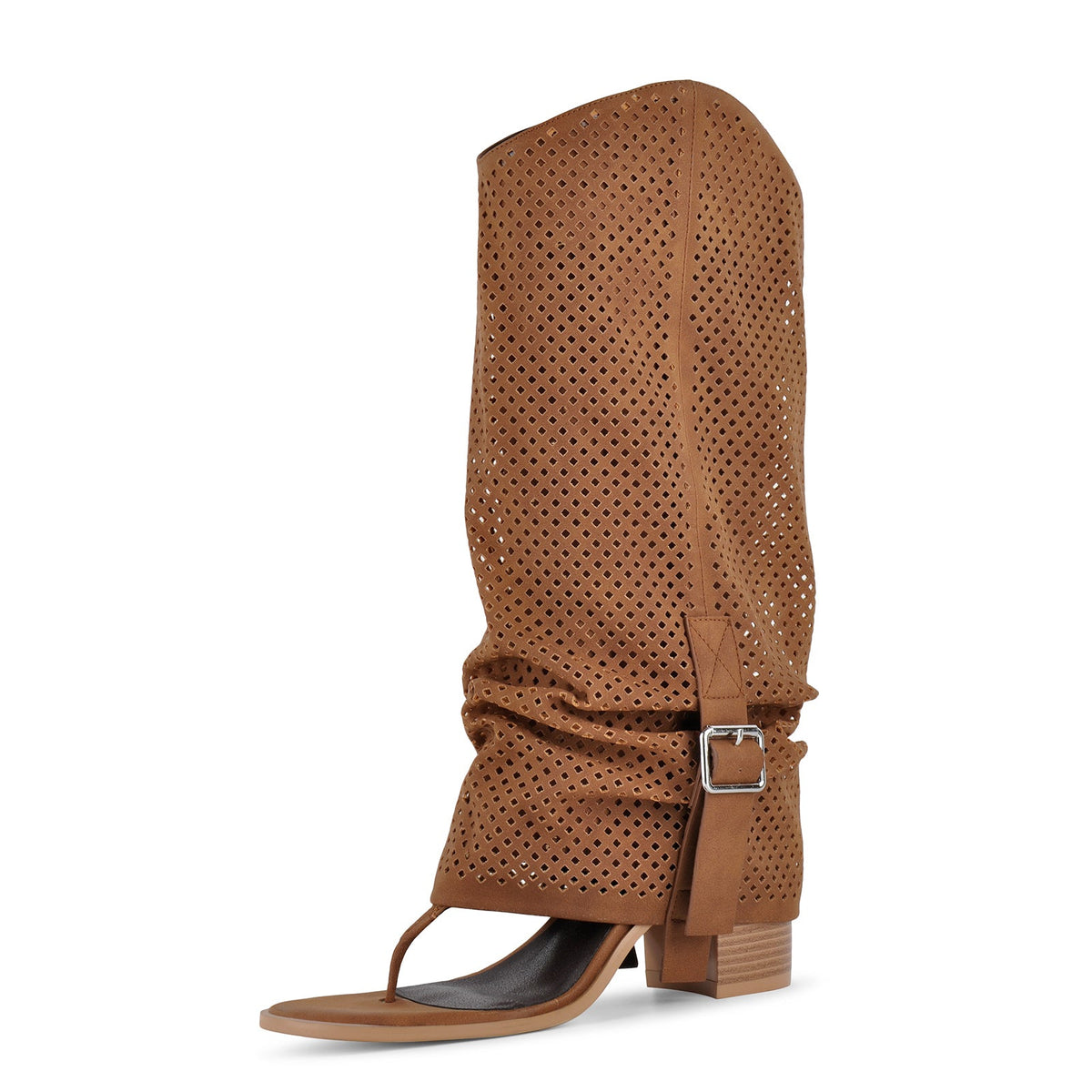 Perforated Flip-Flop Buckle Knee High Boots | Onlymaker Sale