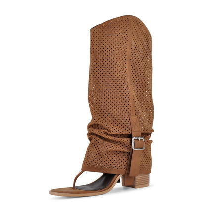 Perforated Flip-Flop Buckle Knee High Boots | Onlymaker Sale