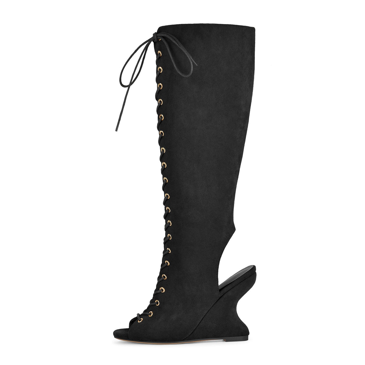 Suede Open Toe Lace-up Wedge Heel Knee High Boots | Onlymaker Best Price