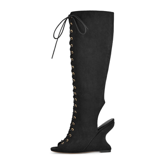 Suede Open Toe Lace-up Wedge Heel Knee High Boots | Onlymaker Best Price