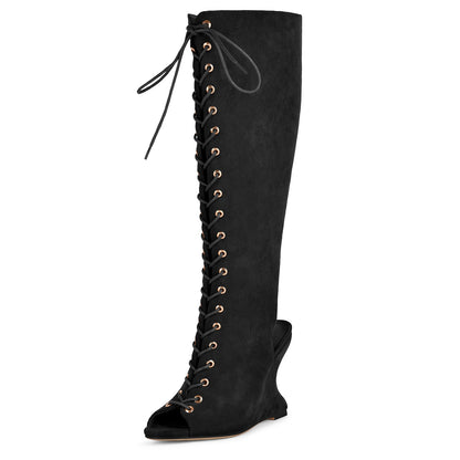 Suede Open Toe Lace-up Wedge Heel Knee High Boots | Onlymaker Best Price