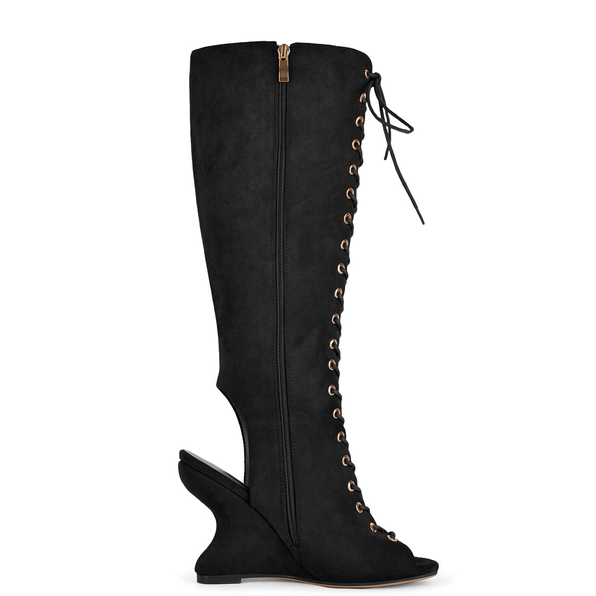 Suede Open Toe Lace-up Wedge Heel Knee High Boots | Onlymaker Best Price